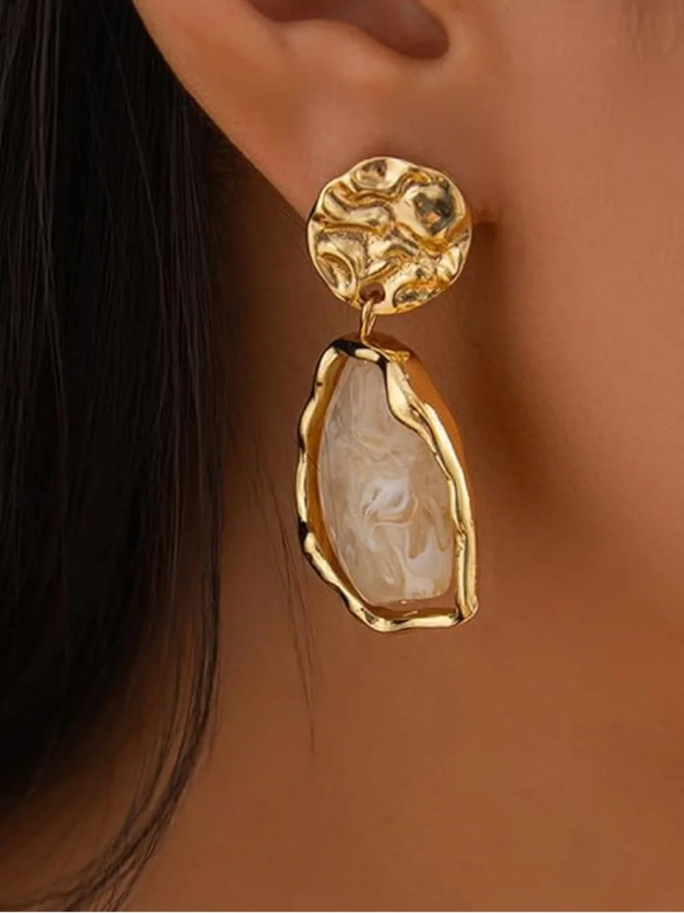 Anthropologie Gold & Cream Sculpted Drop Earrings